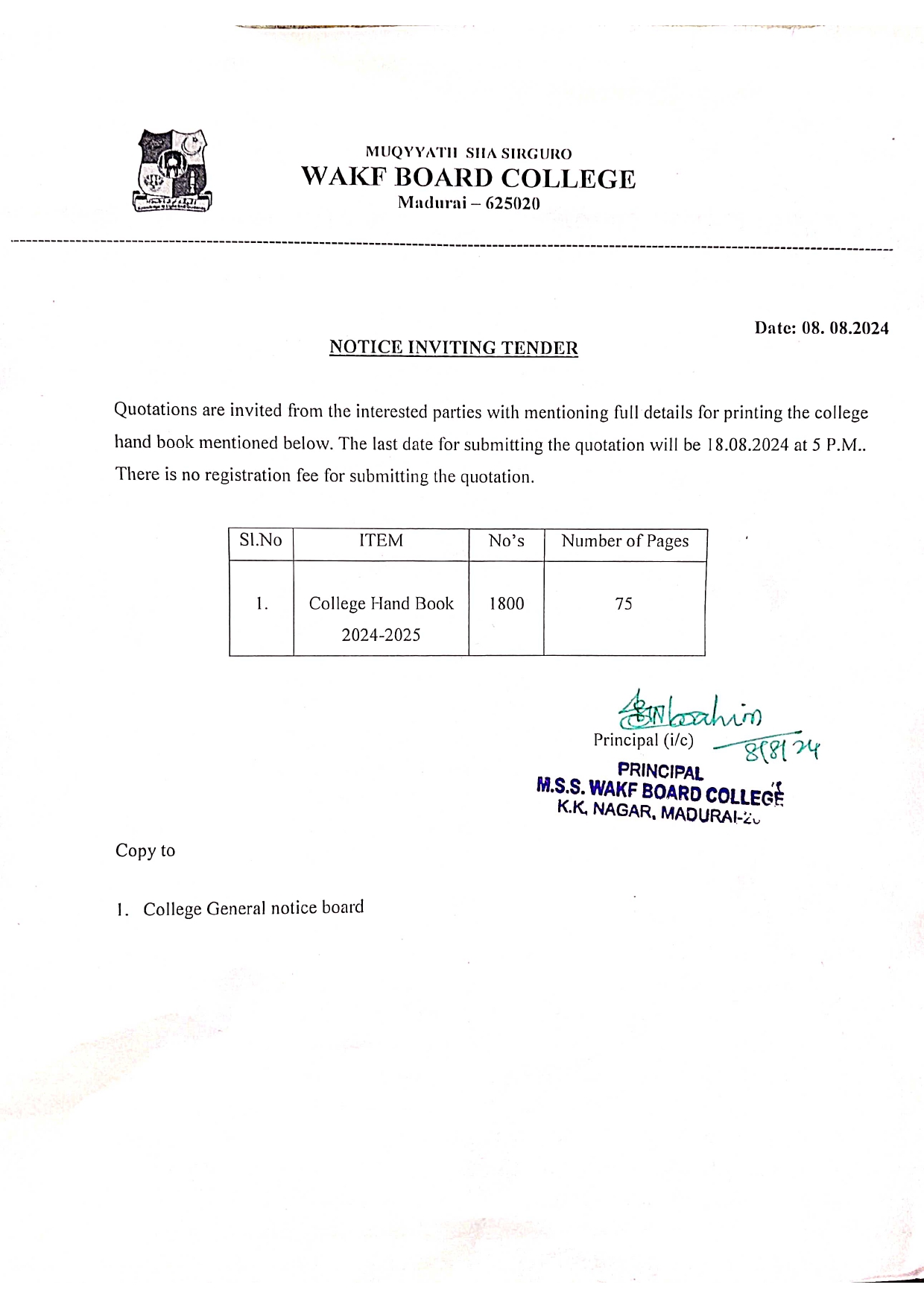 Tender Notice for college Calendar